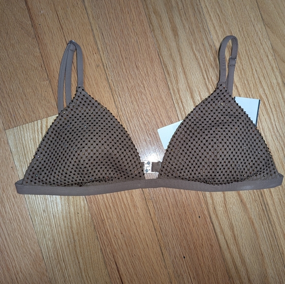 NWT JONATHAN SIMKHAI JOELLE CRYSTAL MESH TRIANGLE BIKINI TOP IN CARAWAY - Picture 5 of 7